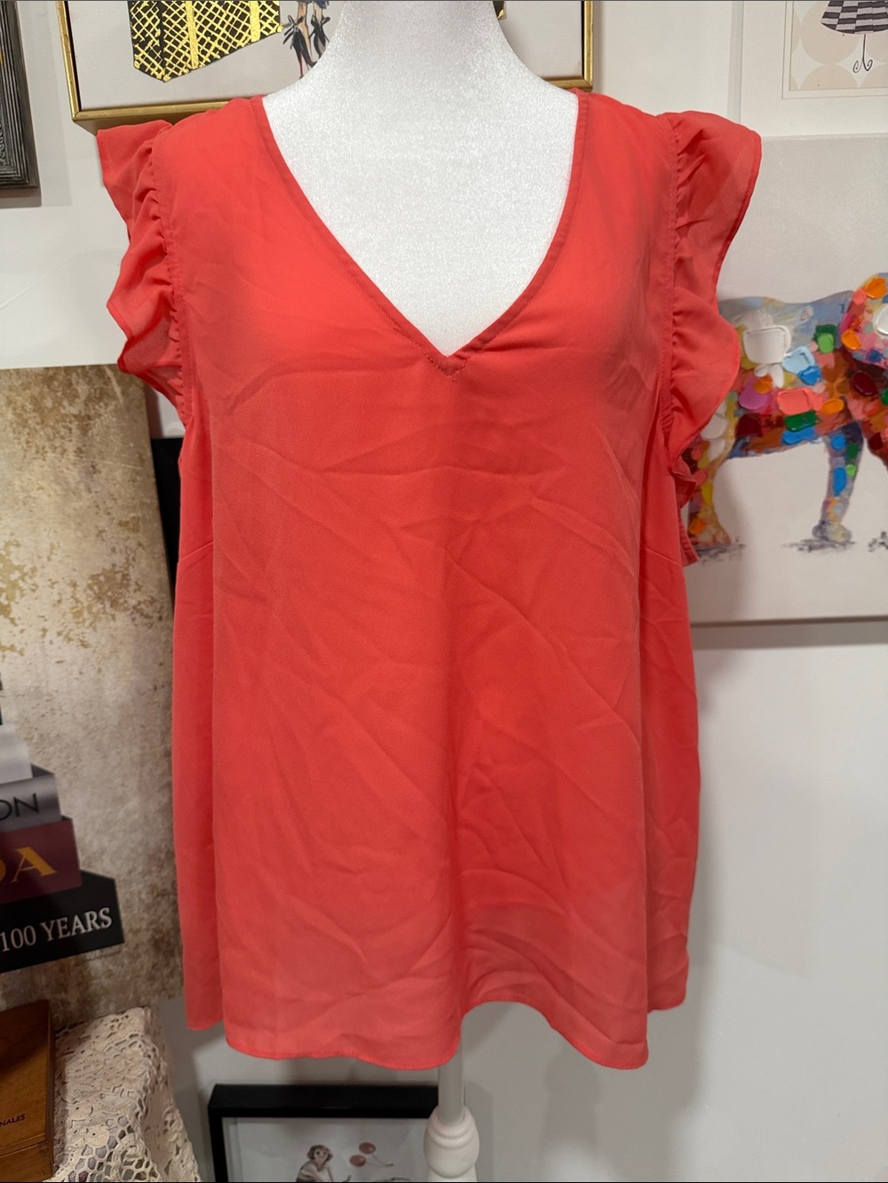 J. Crew Coral V-Neck Flutter Sleeve Blouse
